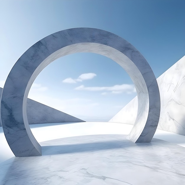 3d render of abstract minimal curve architecture with concrete floor and sky