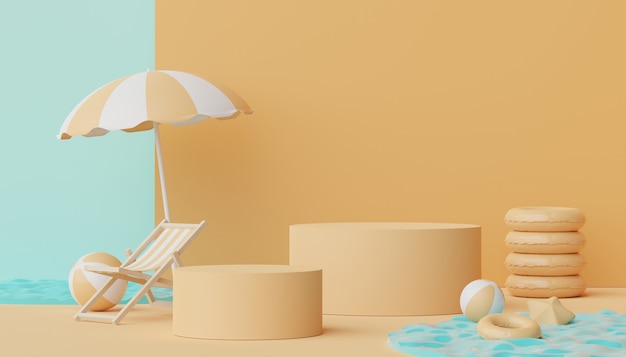 3d render of Abstract minimal display podium for showing products or cosmetic presentation with summer beach scene