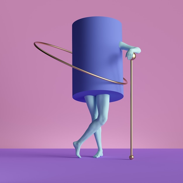 3d render, abstract minimal surreal contemporary art. Geometric concept, violet cylinder, blue legs isolated on pink background.