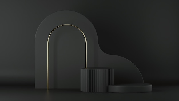 3d render of abstract minimalist black background with empty cylinder podium and golden arc.