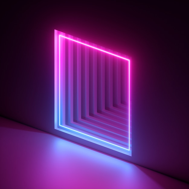 3d render, abstract neon background, pink blue violet light, square hole in the wall. Ultraviolet. Window, open door, gate, portal. Corridor, tunnel entrance. Dramatic scene. Modern minimal concept