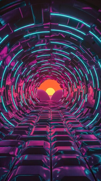 Photo 3d render of abstract neon tunnel