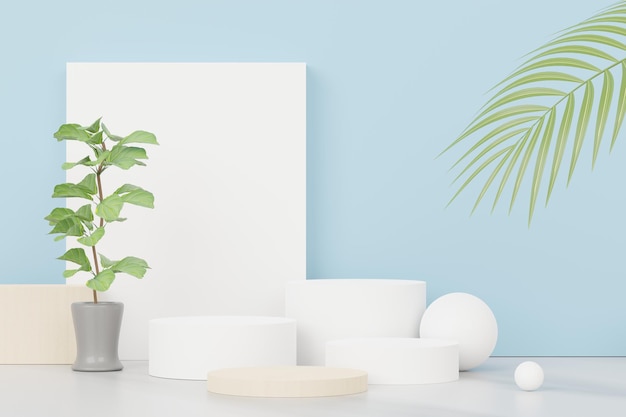 3d render of abstract pedestal podium display with Tropical leaves and Blue pastel plant scene. Product and promotion concept for advertising. Blue pastel natural background.