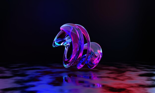 3d render abstract pink blue curvy glass ribbon and reflection on the ground .