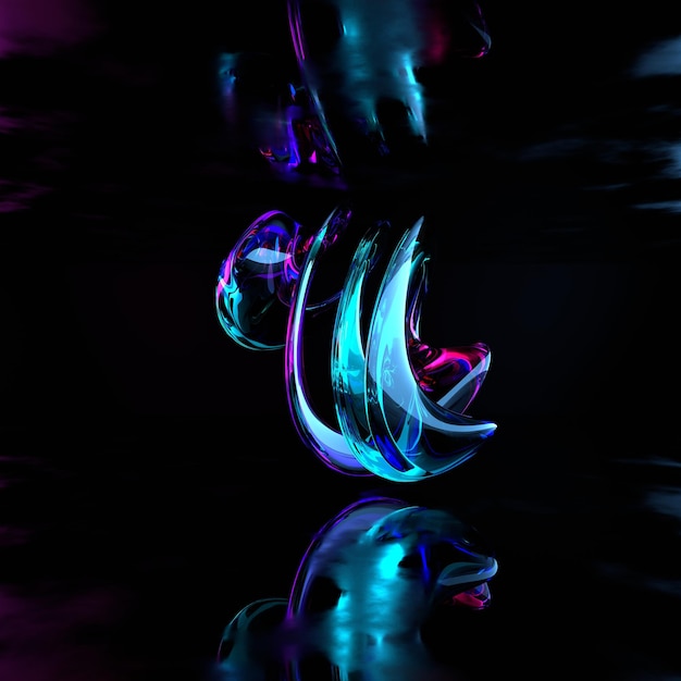 3d render abstract pink blue curvy glass ribbon and reflection on the ground .