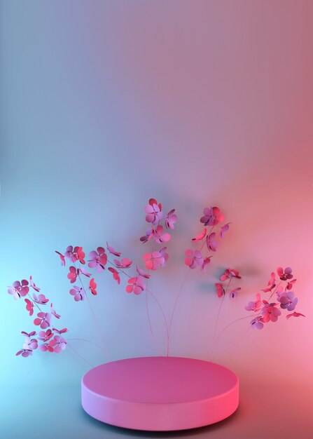 3d render, abstract pink surface with spring flowers, luxury minimal fashion design. Shop showcase product display, empty podium, vacant pedestal, round stage.