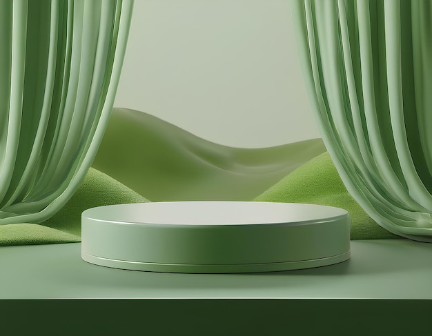 3d render abstract platform podium on green landscape and waving curtains