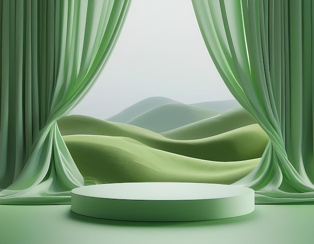 3d render abstract platform podium on green landscape and waving curtains