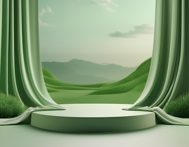 Photo 3d render abstract platform podium on green landscape and waving curtains