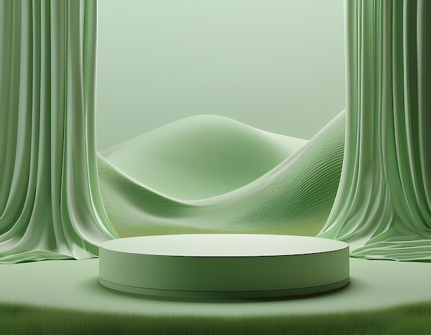 3d render abstract platform podium on green landscape and waving curtains