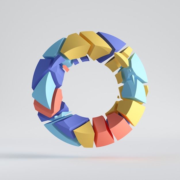 3d render, abstract random mosaic pieces, broken torus, cracked round surface with hole, colorful donut.