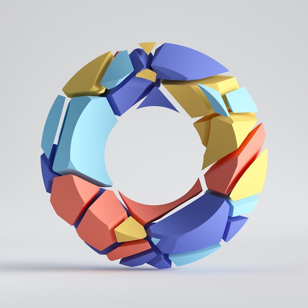 3d render, abstract random mosaic pieces, broken torus, cracked round surface with hole.