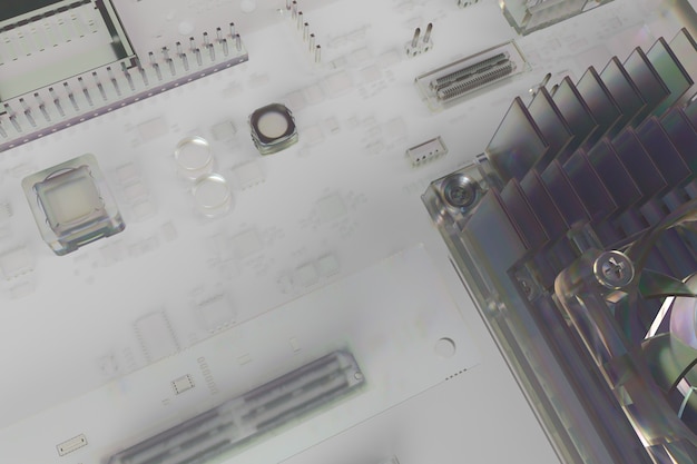 3d render of abstract technology circuit  piece, fragment of computer cooler with michoschemes and condensators, glass detailed surface