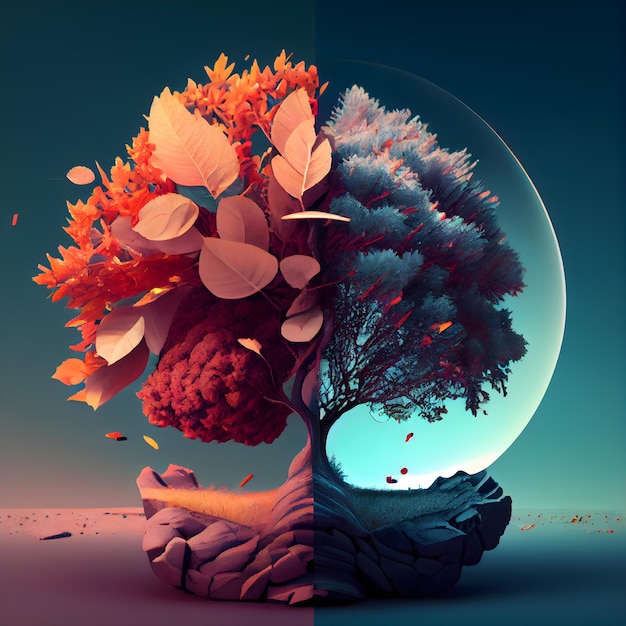 3d render abstract tree in the form of a planet with autumn leaves