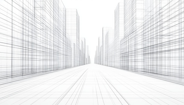 Photo 3d render of an abstract wireframe cityscape a perspective view of architectural designs