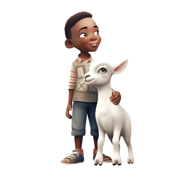 3D Render of an African American boy with a little white goat