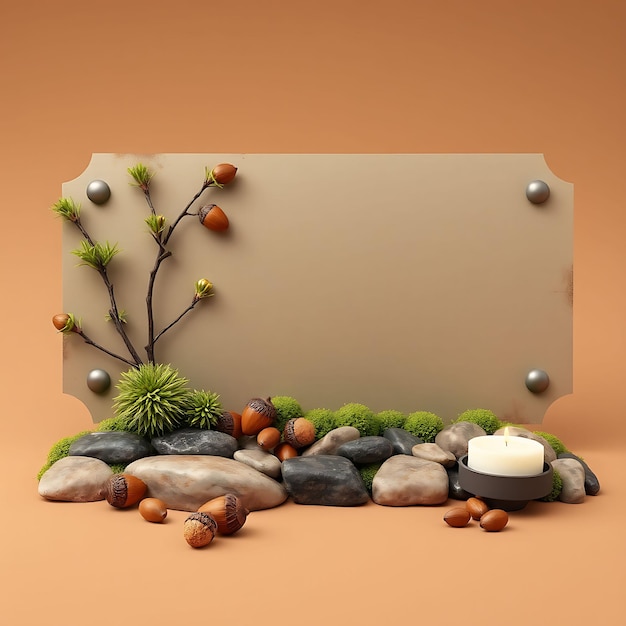 3D Render of African Blank Metal Sign Board Acorns Moss River Stones Votives With Acorns as the Main