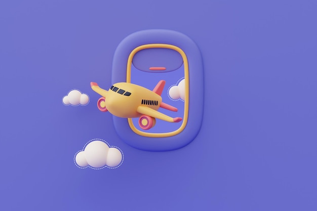 3d render of airplane window with airplane in the skyTourism and travel conceptholiday vacationminimal style