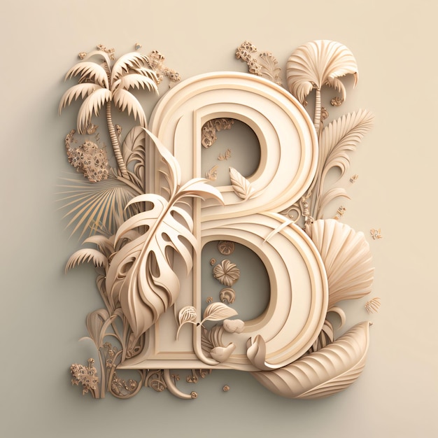 3d render of alphabets with palm leaves and flowers Letter B