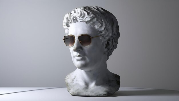 3d render antique bust white on a white background with sunglasses on the left side look the other