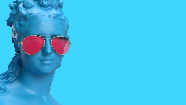 3d render antique head of a blue woman in sunglasses art background