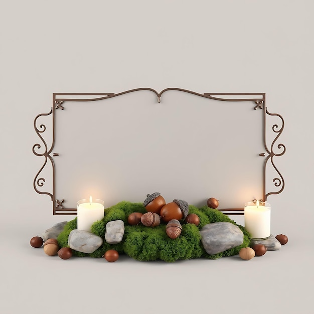 3D Render of Art Deco Blank Metal Sign Board Acorns Moss River Stones Votives With Acorns as the Mai