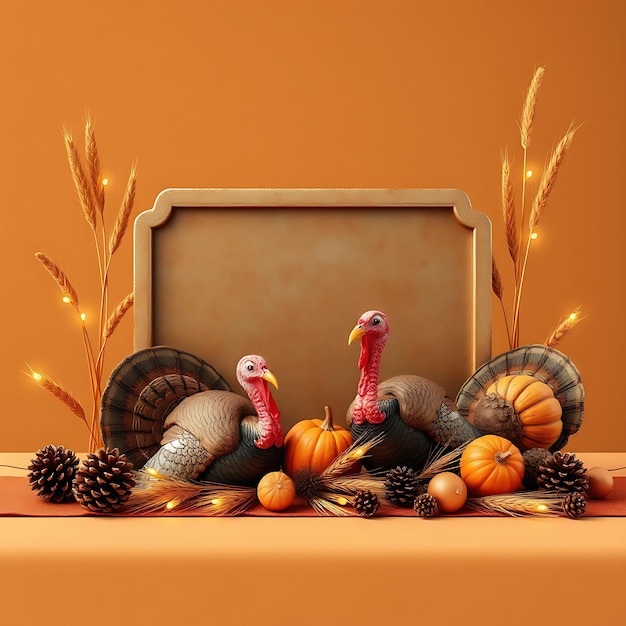 3D Render of Asian Inspired Blank Metal Sign Board Turkeys Pinecon Inspired Floral Decorationse