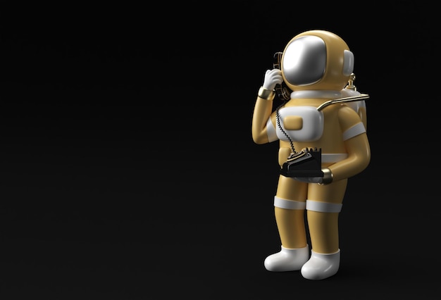 3d Render Astronaut calling gesture with old telephone 3d illustration Design