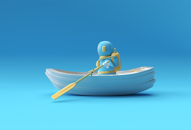 3d render of a astronaut fun on boat 3d illustration.