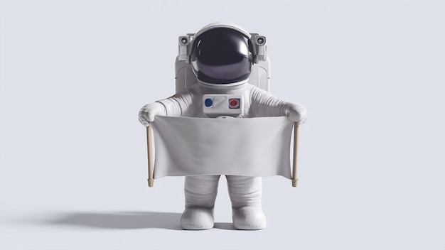 Photo 3d render astronaut holding a white banner on a white background