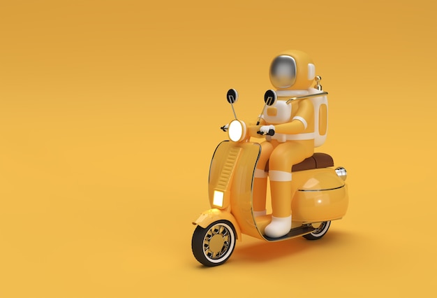 3D Render Astronaut Riding Motor Scooter Side View on a Yellow Background.