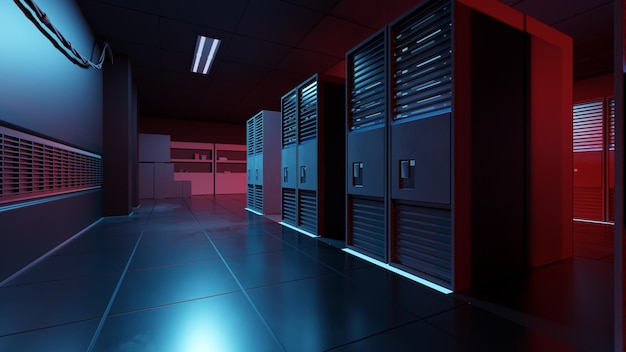 3d render. Atmospheric cyberpunk server room.