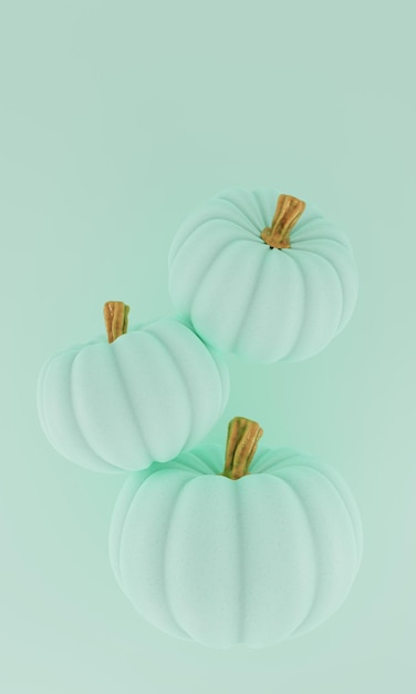 3D render Autumn background 3 turquoise gourds Set of three levitating pumpkins 3d illustration