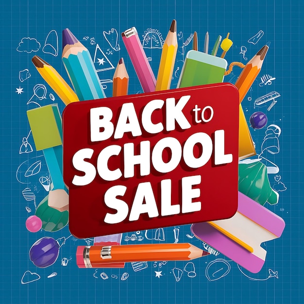 3D render of a Back to school sale banner featuring a colorful pencil and an assortment of learning