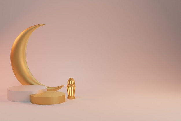 3d render background Ramadan Kareem with podium lantern and crescent moon