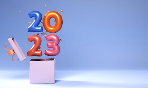 3D Render of Balloon 2023 Number Popping Out From Gift Box With Stars Balls Snowflakes On Glowing Blue Background