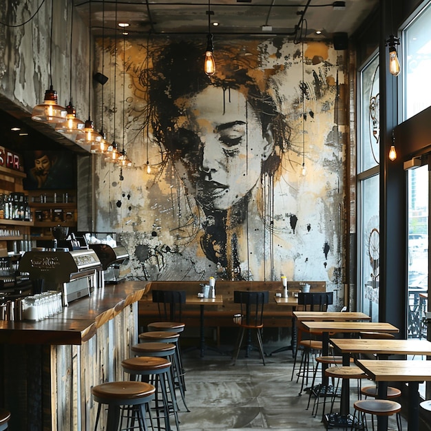 3d render of a bar interior with a painting on the wall