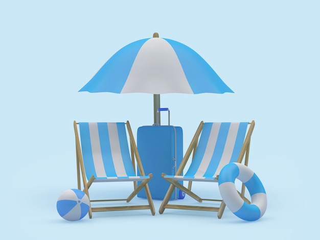 3d render beach umbrella, chairs, lifebuoys and a suitcase on light blue background