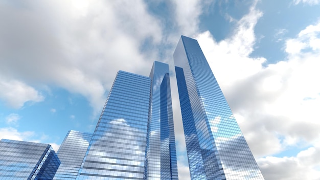 3D Render. Beautiful architecture office building skyscraper on sky background