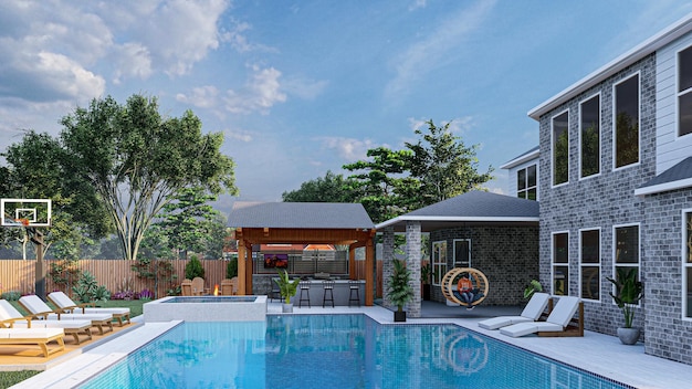 3d render of a beautiful backyard with pool, outdoor kitchen, fire pit