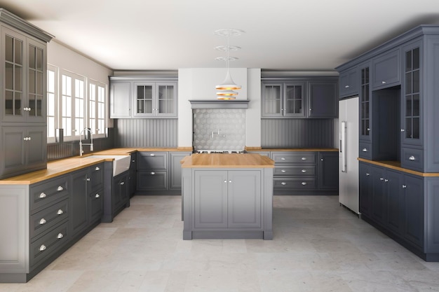 3d render of beautiful classic kitchen interior