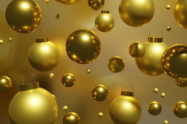 3d render of beautiful flying golden Christmas baubles on a gold background