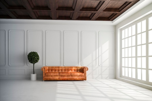 3d render of beautiful interior with white walls and wood ceiling setup