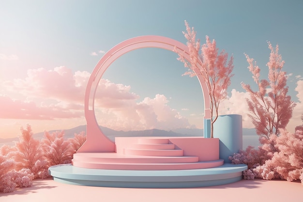 3d render of Beauty podium with Very Peri color of the year 2022 design for product presentation and advertising Minimal pastel sky and Dreamy land scene Romance concept