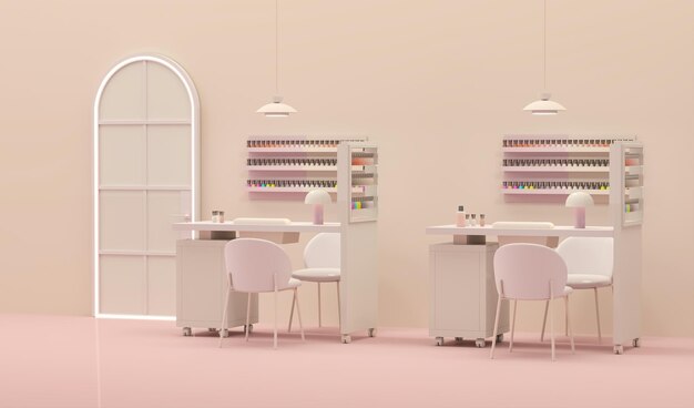 Photo 3d render beauty spa nail salon on pastel pink background 3d illustration of luxury beauty studio