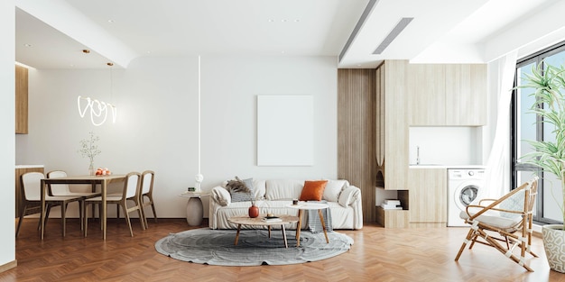 3d render of beautyyul apartment interior with mock poster on wall