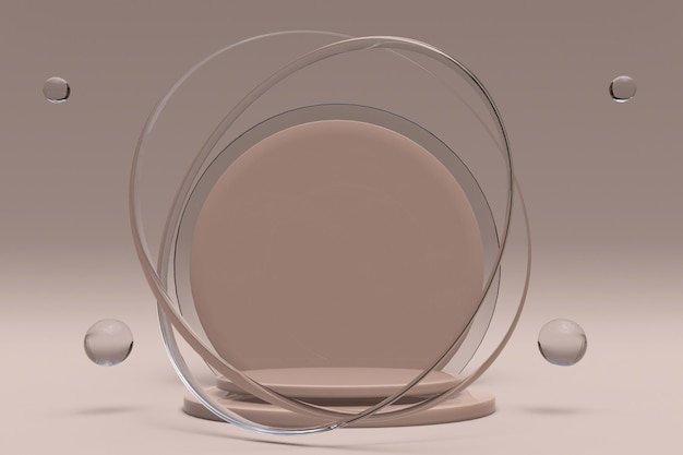 3d render of beige background with flying bubbles and empty round podium Abstract design