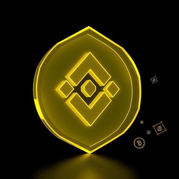 Photo 3d render binance logo carved in frosted yellow glass gently rotating neon yellow outlines tracing