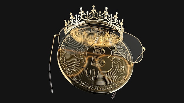 3d render bitcoin gold in golden glasses and crown cryptocurrency bottom view