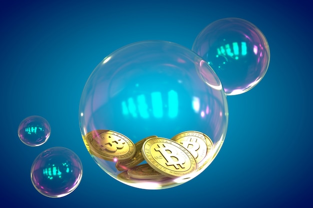 3D render bitcoins in a soap bubble on blue.